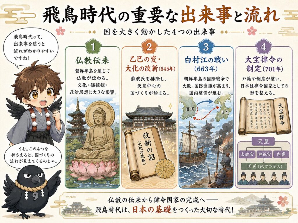 飛鳥時代の重要な出来事と流れを、仏教伝来・乙巳の変と大化の改新・白村江の戦い・大宝律令の制定の4つに分けて紹介する漫画風図解。