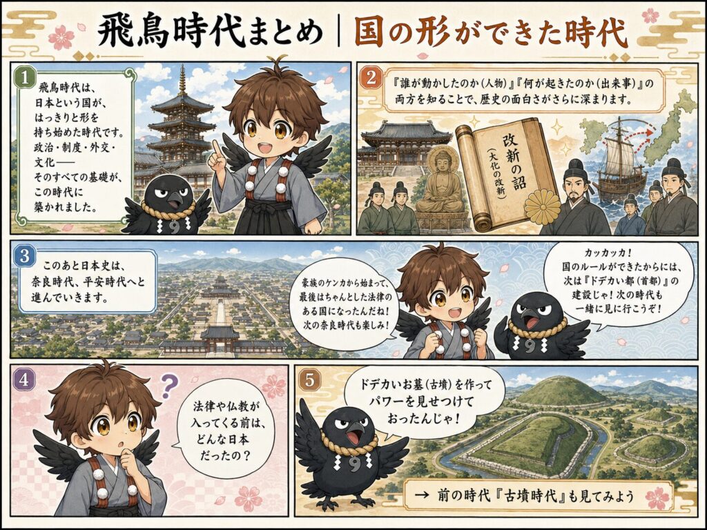 飛鳥時代が日本という国の形を整えていった流れを、ひこまるとやたまるの会話で紹介する漫画風図解。
