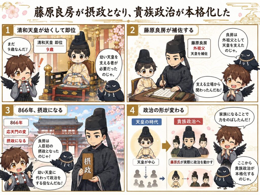 清和天皇の即位、藤原良房による補佐、866年の摂政就任、そして天皇の時代から貴族政治へ移っていく流れを、ひこまるとやたまるの会話つきでまとめた4コマ漫画。