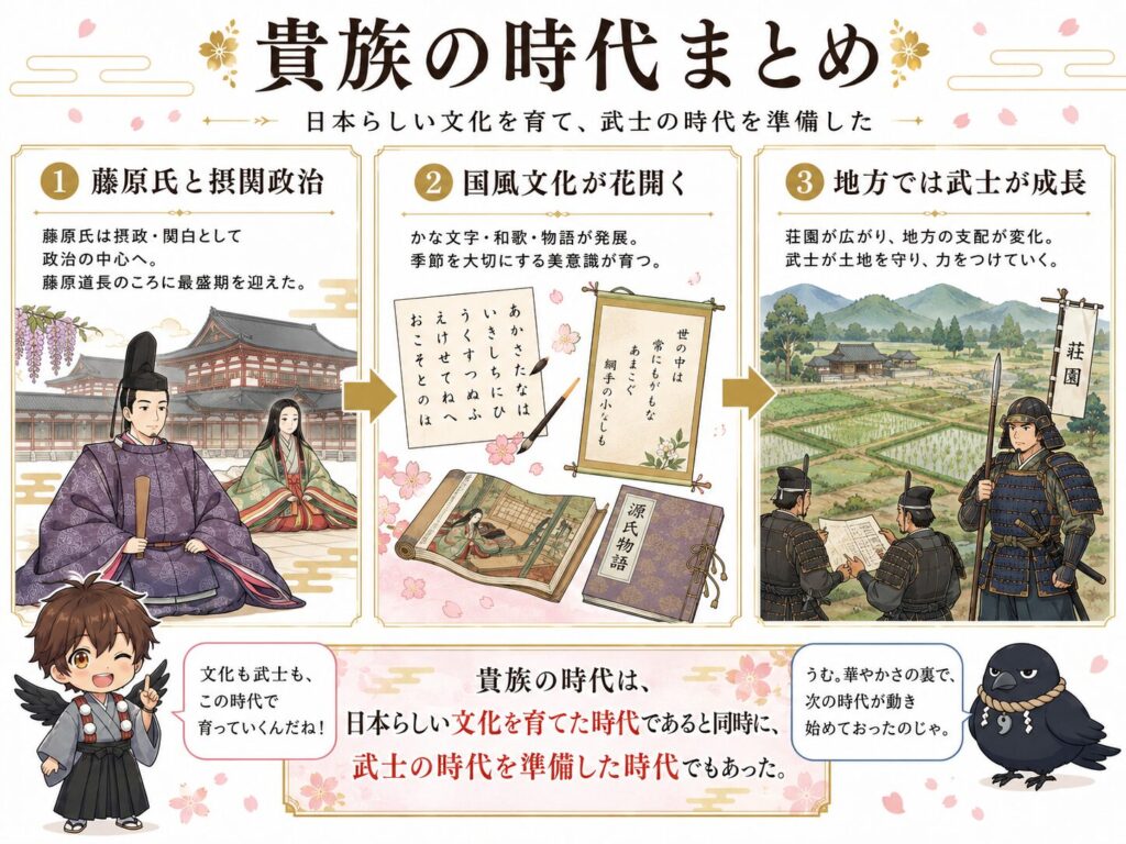藤原氏の摂関政治、国風文化の発展、地方での武士の成長を3つの流れで整理し、貴族の時代が日本らしい文化を育てると同時に武士の時代を準備したことをまとめた図解。