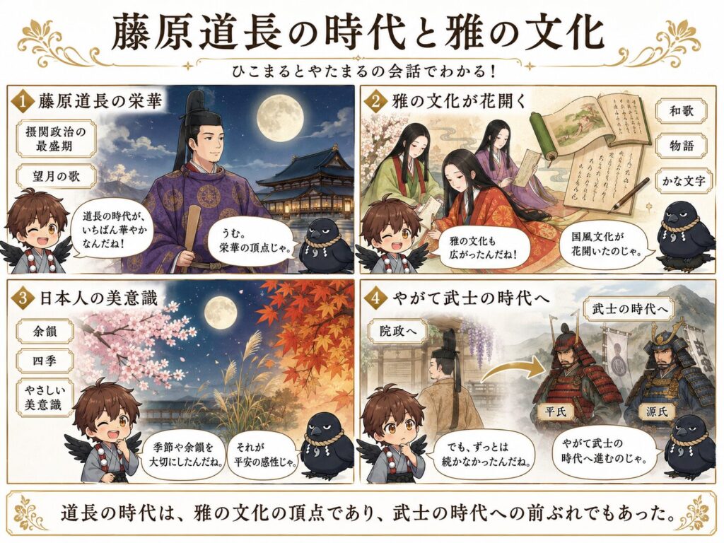 藤原道長の時代に摂関政治が最盛期を迎えたこと、和歌・物語・かな文字などの雅の文化が花開いたこと、日本人の美意識が育ったこと、そしてやがて武士の時代へ向かっていく流れを、ひこまるとやたまるの会話でまとめた4コマ漫画。