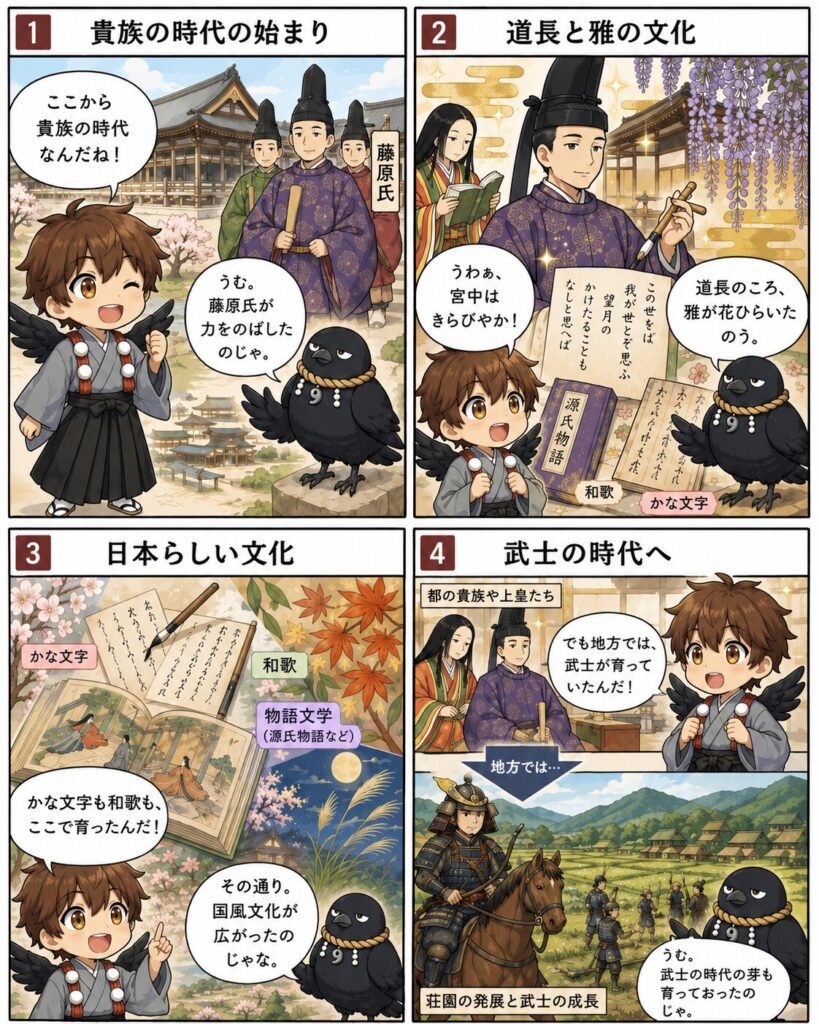 藤原氏の摂関政治から貴族の時代が始まり、藤原道長のころに雅な文化が花開き、かな文字や和歌、物語文学などの国風文化が育つ一方で、地方では荘園の発展と武士の成長が進み、武士の時代へつながっていく流れを、ひこまるとやたまるの会話でまとめた4コマ漫画。