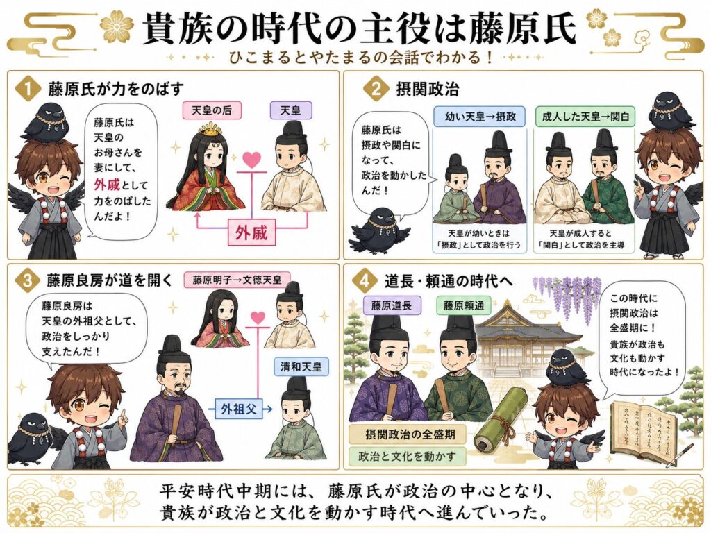 平安時代中期に、藤原氏が天皇の外戚として力をのばし、摂政・関白として政治を動かし、藤原良房から藤原道長・藤原頼通へと続く摂関政治の流れを、ひこまるとやたまるの会話でまとめた4コマ漫画。