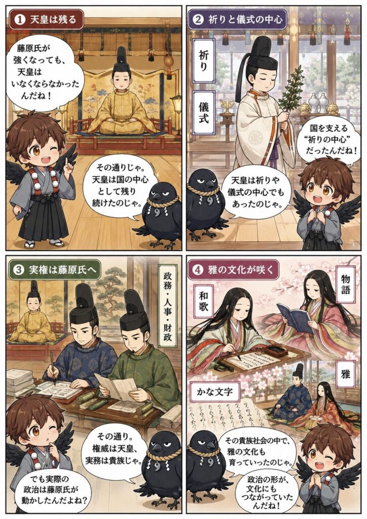 平安時代に、天皇が国の中心として残りながら、祈りと儀式の中心となり、一方で実際の政治は藤原氏ら貴族が動かすようになり、その中で雅の文化が育っていく流れを、ひこまるとやたまるの会話つきでまとめた4コマ漫画。