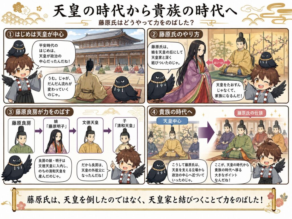 平安時代に、天皇中心の政治から貴族の時代へ移っていく流れを、藤原氏の婚姻関係と藤原良房の台頭を中心に、ひこまるとやたまるの会話で紹介する4コマ漫画。