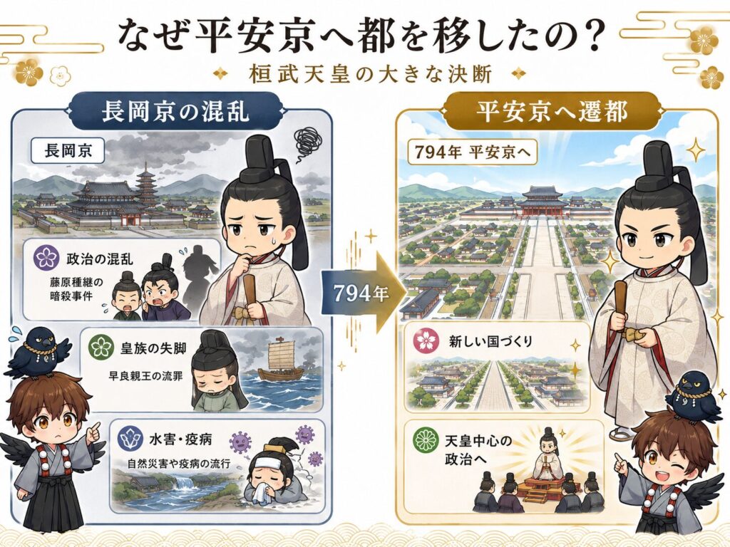 平安時代のはじめに、平安京へ都が移り、天皇を中心とした政治と祈りが結びついていたことを、読者向けにわかりやすく整理した図解画像。
