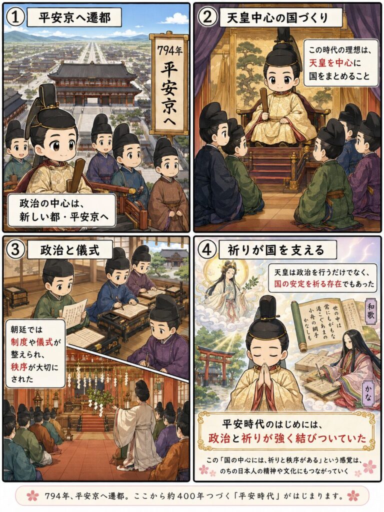平安京への遷都、天皇中心の国づくり、朝廷の制度や儀式、天皇による祈りを4コマ漫画で表した平安時代の解説画像