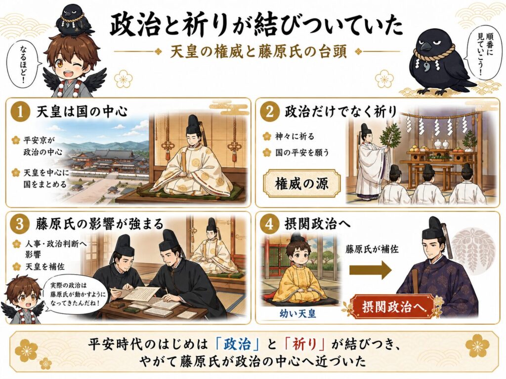 平安時代のはじめに、天皇が政治と祈りの両面で国の中心にいたこと、そして藤原氏の影響が強まり、やがて摂関政治へつながっていく流れを4つの場面で整理した図解画像。