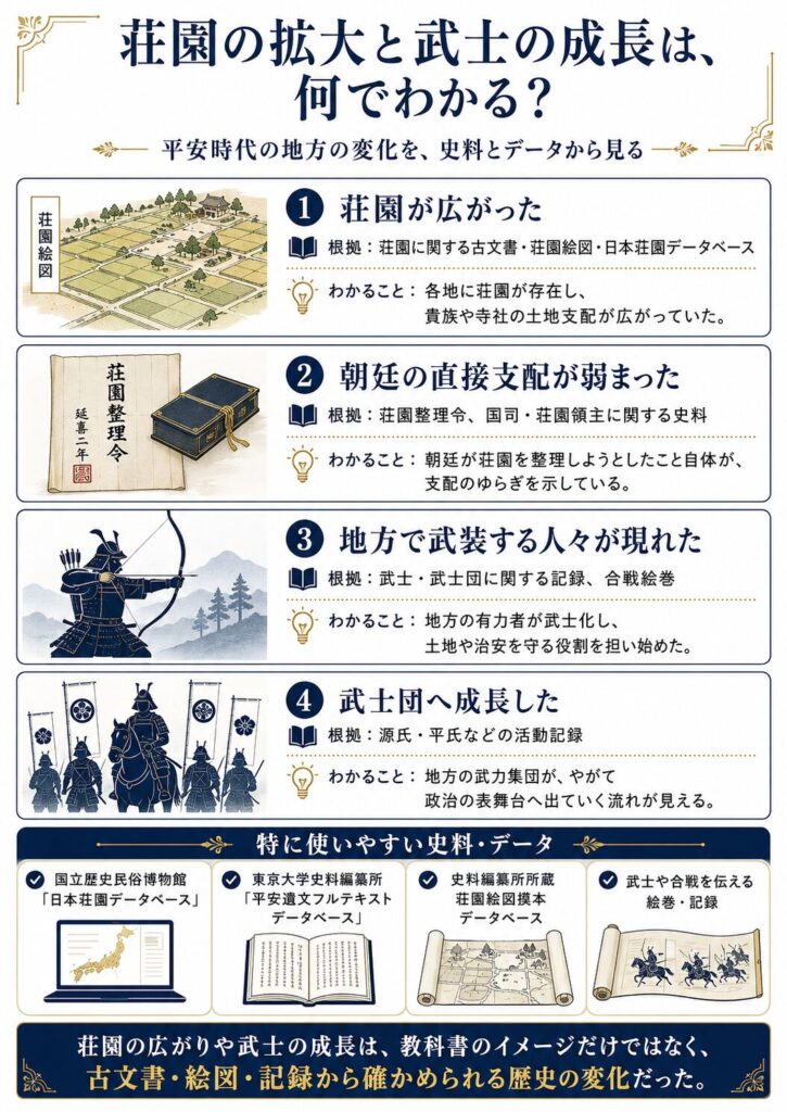 平安時代の地方の変化について、荘園の拡大、朝廷の直接支配の弱まり、地方で武装する人々の出現、武士団への成長を、古文書・荘園絵図・記録・データベースなどの史料をもとに整理した図解。