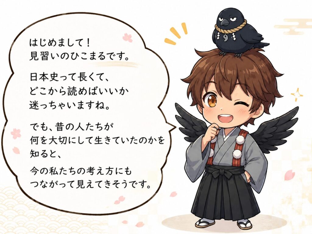 見習いのひこまるが、日本史の学び方をやさしく案内している漫画風イラスト。吹き出しの中で、昔の人たちが何を大切にして生きていたのかを知ると、今の私たちの考え方にもつながって見えてくると語っている。