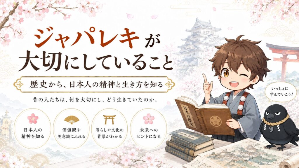 桜や城を背景に、ひこまるとやたまるが歴史を学ぶ様子を描いた、ジャパレキの理念紹介画像。歴史から日本人の精神と生き方を知ることを表現している。