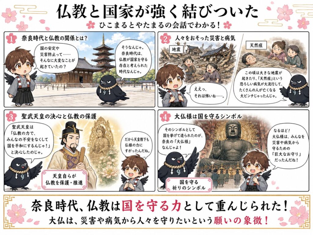 奈良時代に仏教が国家を守る力として重んじられ、大仏が災害や病気から人々を守る願いの象徴として造られたことを、ひこまるとやたまるの会話で紹介する漫画風図解。