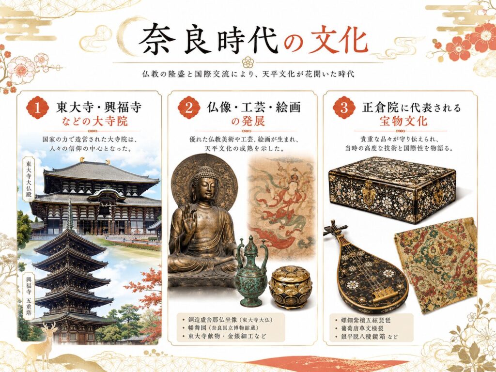奈良時代の文化を、東大寺や興福寺などの大寺院、仏像・工芸・絵画の発展、正倉院に代表される宝物文化の3つに分けて紹介する図解。