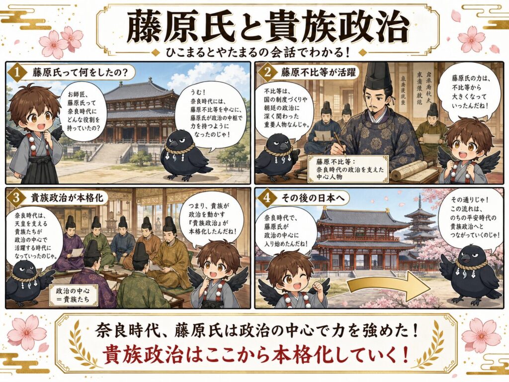 奈良時代に藤原不比等を中心として藤原氏が政治の中枢で力を持ち、貴族政治が本格化していく流れを、ひこまるとやたまるの会話で紹介する漫画風図解。