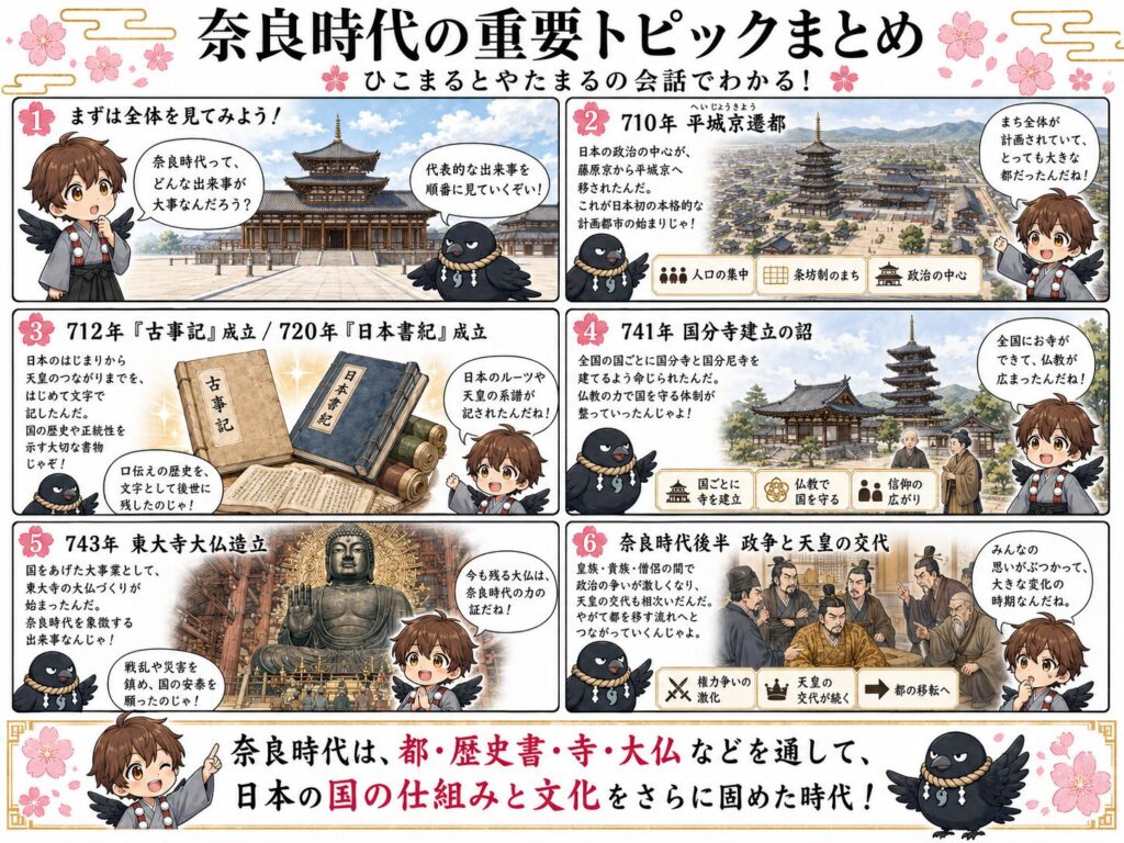 奈良時代の重要トピックを、平城京遷都、古事記と日本書紀の成立、国分寺建立、東大寺大仏造立、政争と天皇の交代を中心に、ひこまるとやたまるの会話で紹介する漫画風図解。