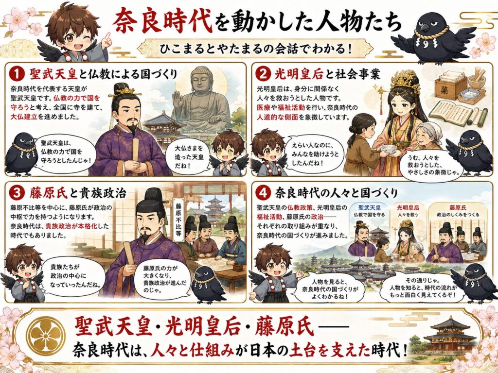 奈良時代を動かした人物として、聖武天皇・光明皇后・藤原氏の役割を、ひこまるとやたまるの会話で紹介する漫画風図解。