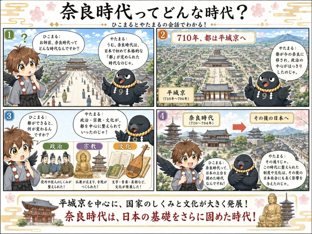 奈良時代の特徴を、平城京・政治・宗教・文化の発展を中心に、ひこまるとやたまるの会話で紹介する漫画風図解。