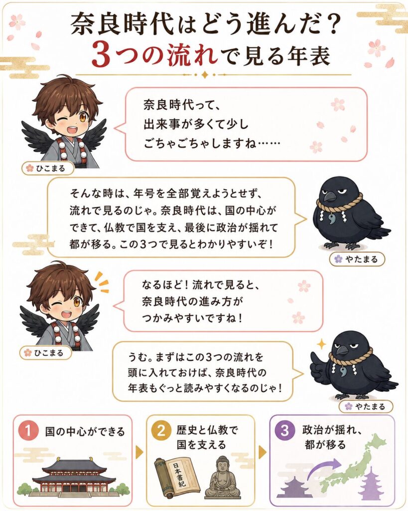 奈良時代の流れを「国の中心ができる」「歴史と仏教で国を支える」「政治が揺れ都が移る」の3つに分けて、ひこまるとやたまるの会話で紹介する漫画風年表。