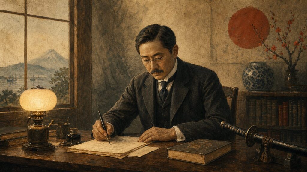 明治時代の新渡戸稲造が机で英語の『武士道』原稿を書く歴史イラスト