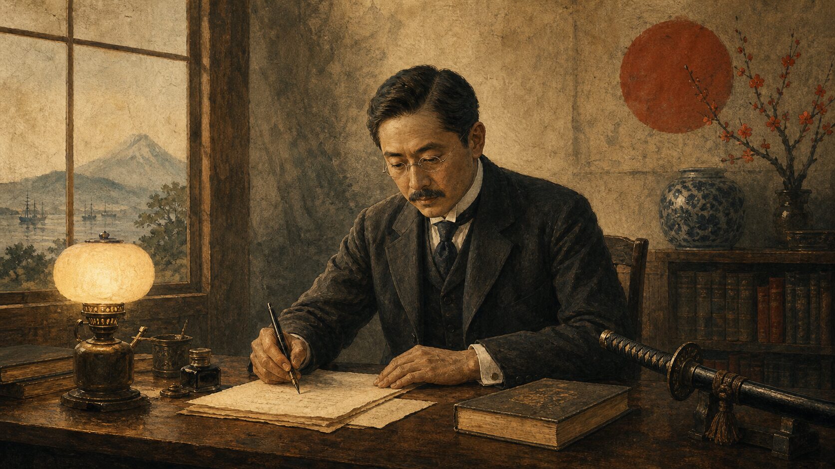 明治時代の新渡戸稲造が机で英語の『武士道』原稿を書く歴史イラスト