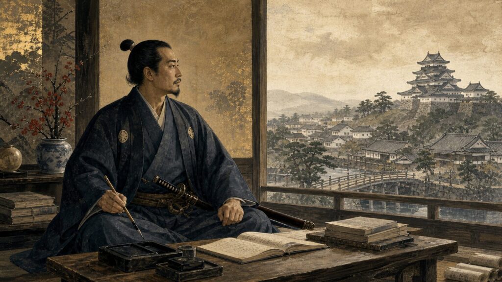 平和な江戸の城下町を見つめながら筆と書物を手にする武士の歴史イラスト