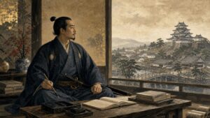 平和な江戸の城下町を見つめながら筆と書物を手にする武士の歴史イラスト
