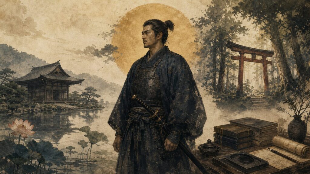 寺院・鳥居・学問所を背景に立つ武士が武士道の思想的背景を表す歴史イラスト