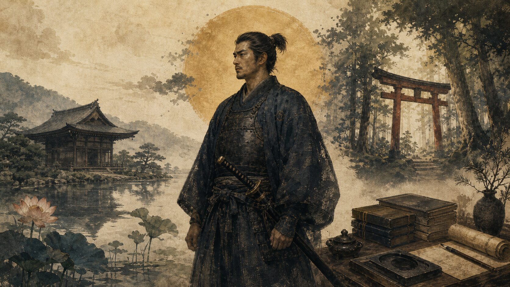 寺院・鳥居・学問所を背景に立つ武士が武士道の思想的背景を表す歴史イラスト