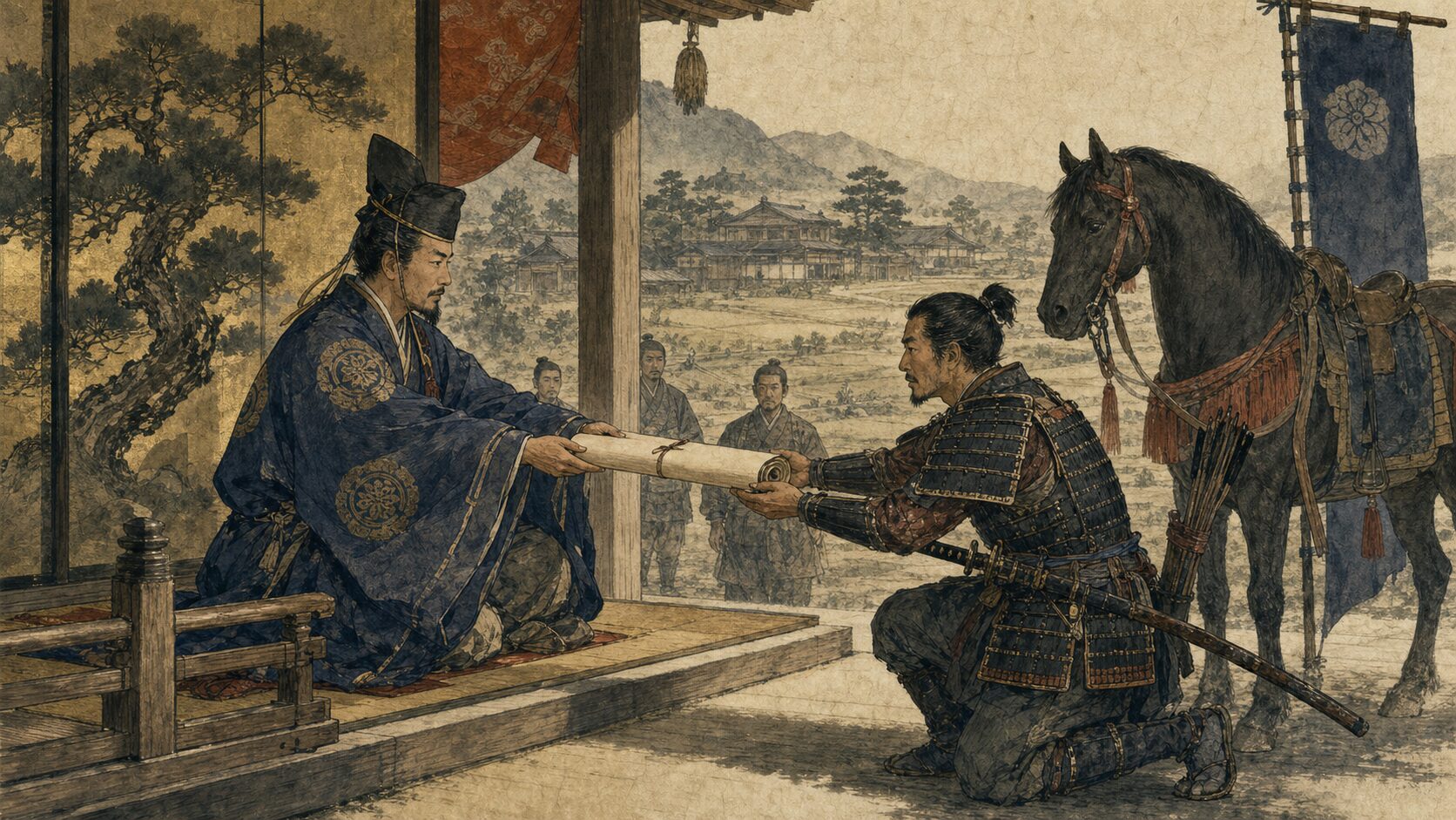 鎌倉時代の主君が御家人へ土地給付の巻物を渡す御恩と奉公の歴史イラスト