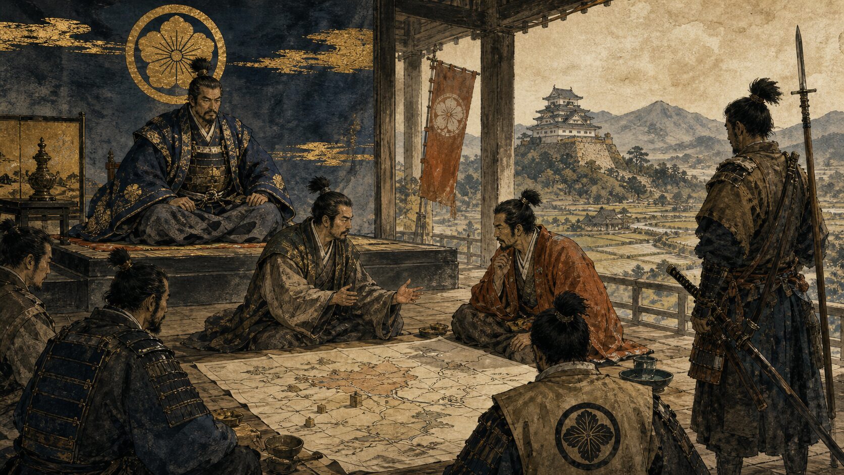守護・国人・地侍が地域図を囲み室町時代の重層的な主従関係を表す歴史イラスト