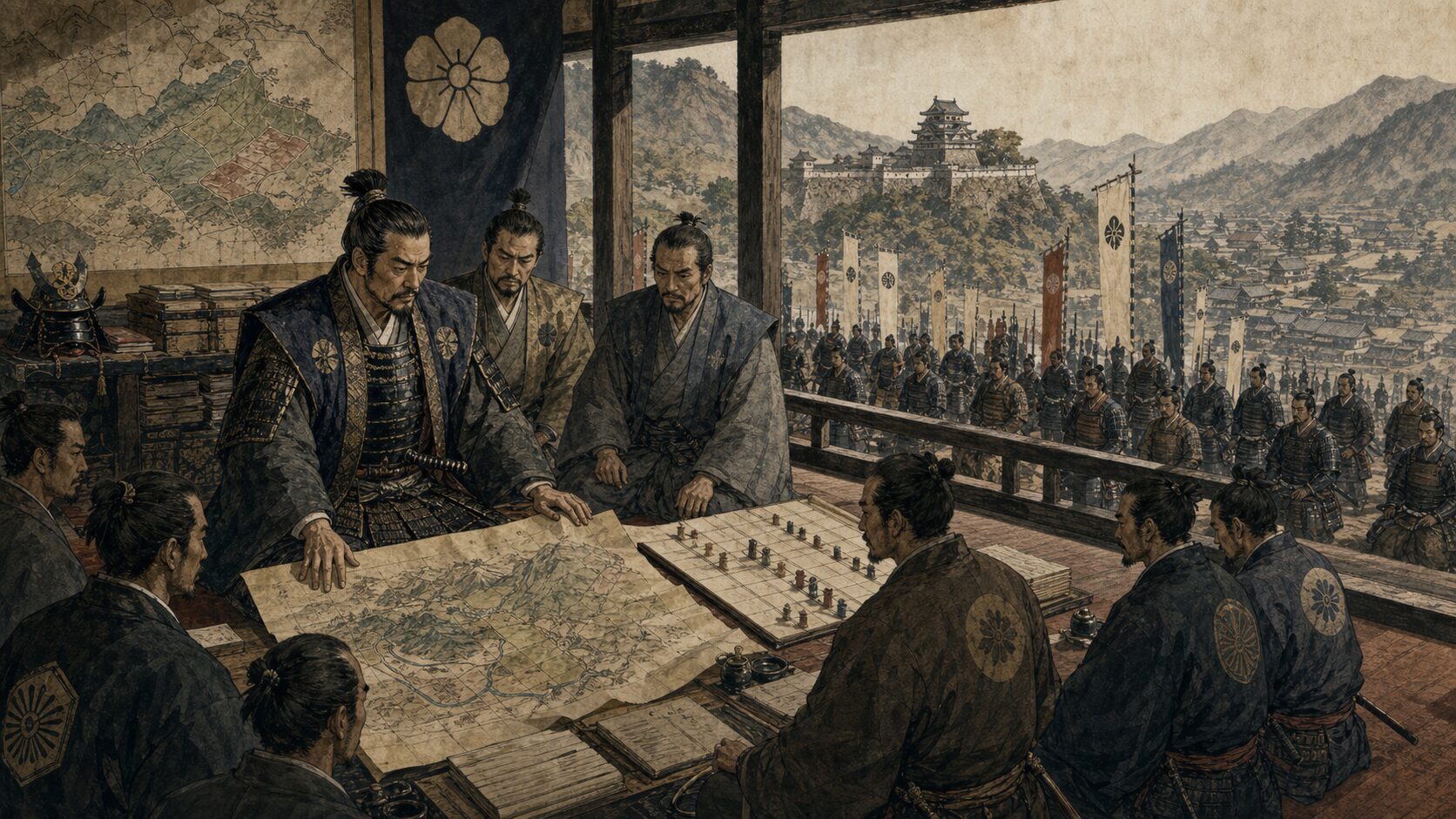 戦国大名と家臣団が領国図や軍役帳を囲み主従関係を協議する歴史イラスト