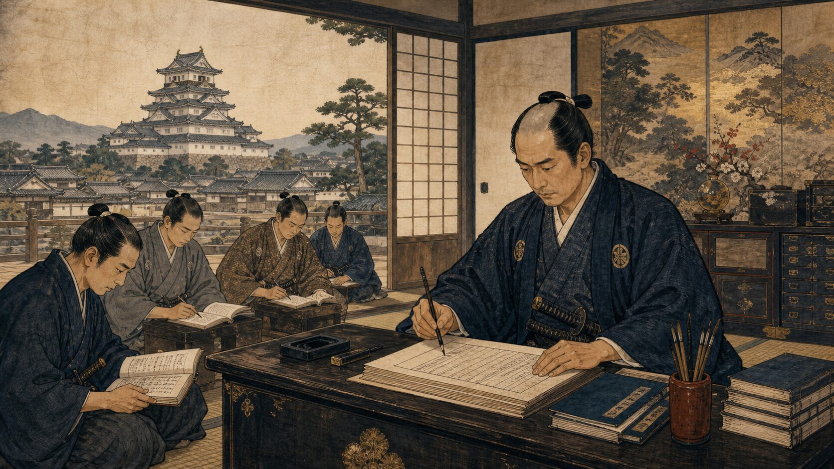 江戸時代の武士が行政文書を作り若い武士が藩校で学ぶ歴史イラスト