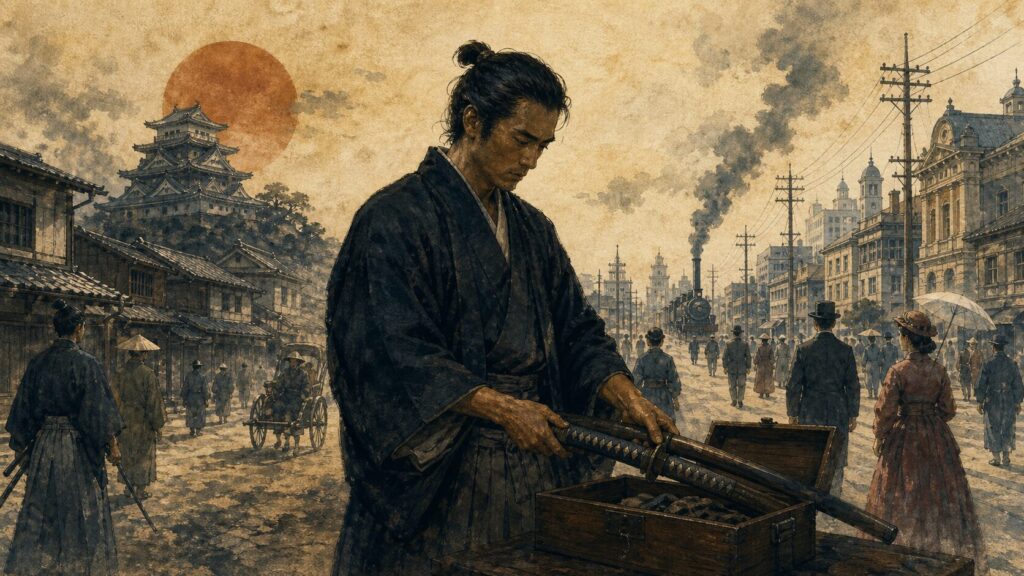 元武士が刀を箱へ納め城下町から近代都市へ移る幕末・明治の転換を描く歴史イラスト