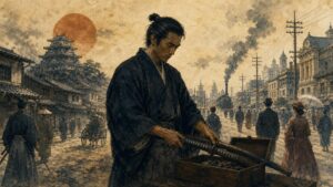 元武士が刀を箱へ納め城下町から近代都市へ移る幕末・明治の転換を描く歴史イラスト