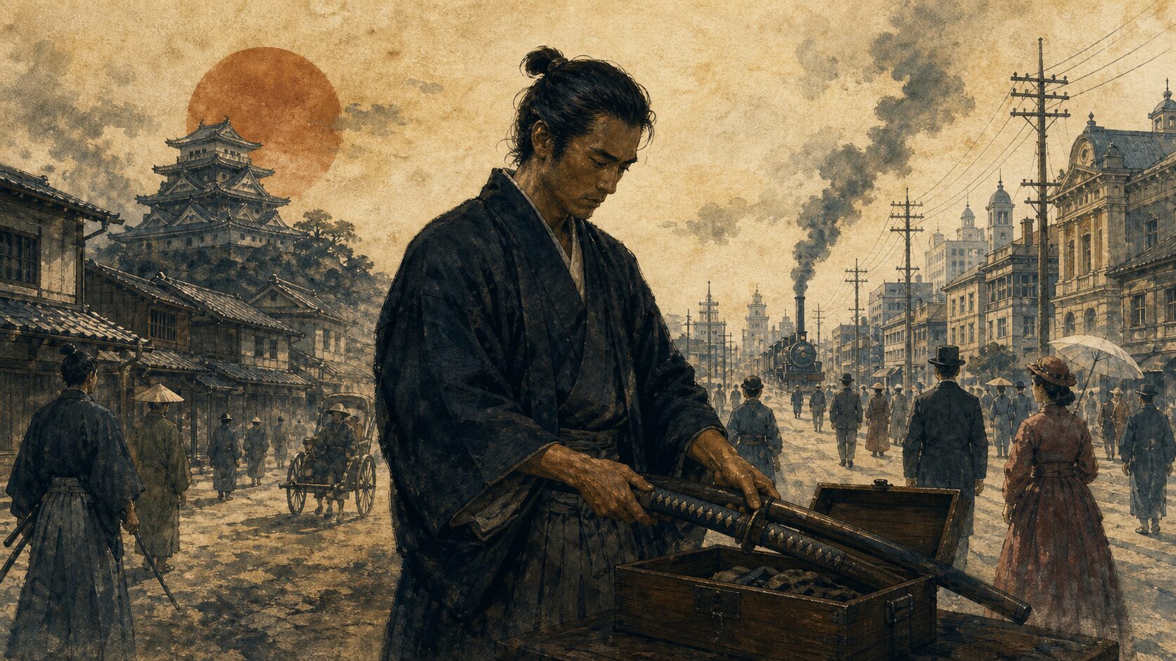 元武士が刀を箱へ納め城下町から近代都市へ移る幕末・明治の転換を描く歴史イラスト