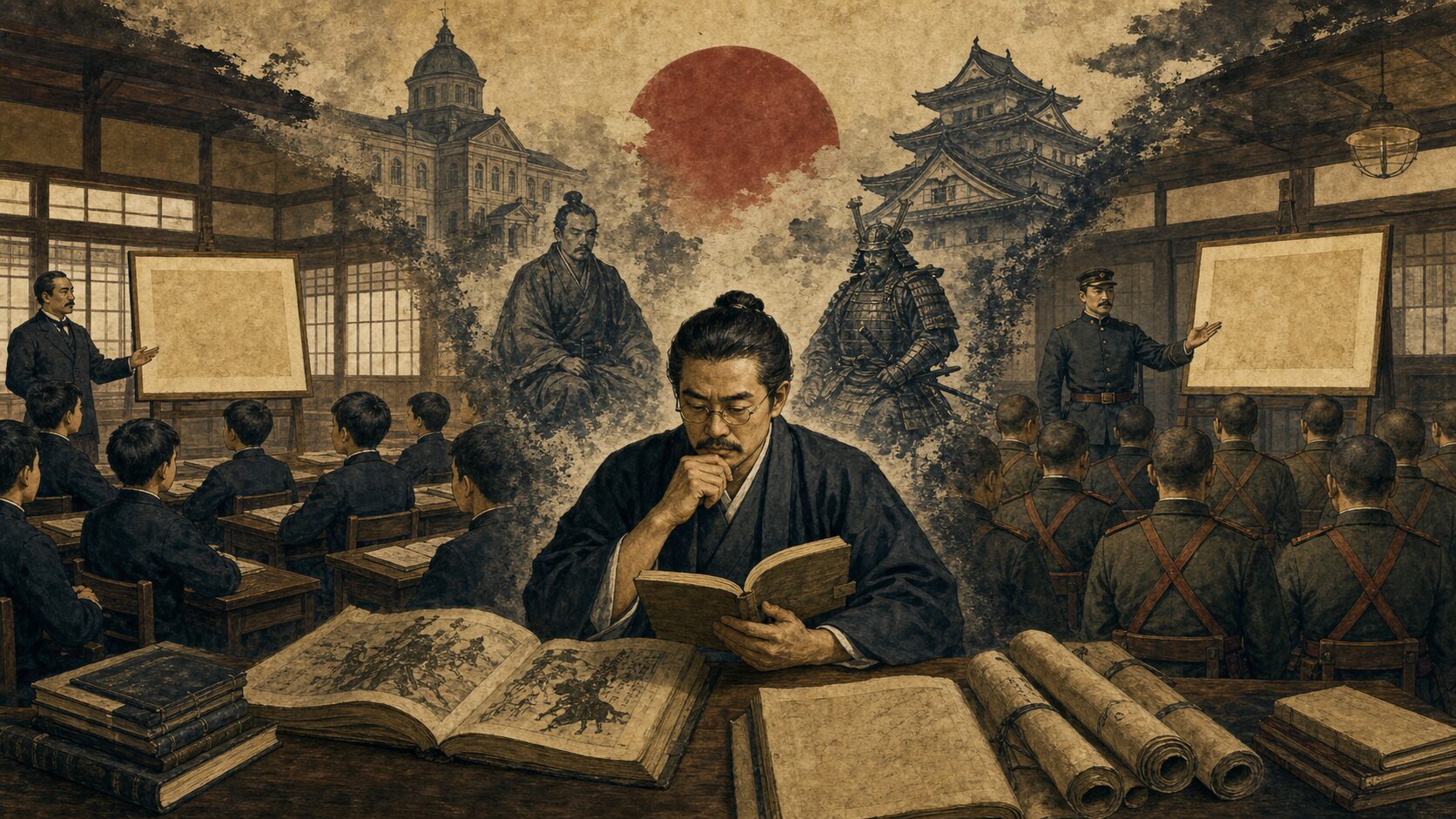学校教育・軍人教育・武士道史料の関係を研究者が検討する戦前日本の歴史イラスト