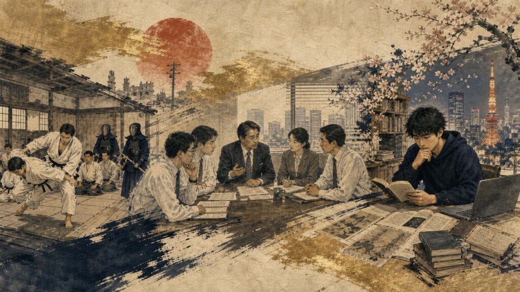 戦後の武道復活・企業倫理への転用・現代の研究を一続きに描く歴史イラスト