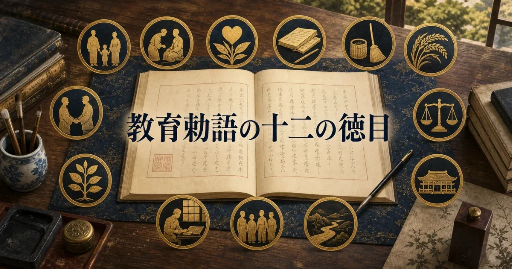 教育勅語に書かれた十二の徳目を解説するアイキャッチ画像