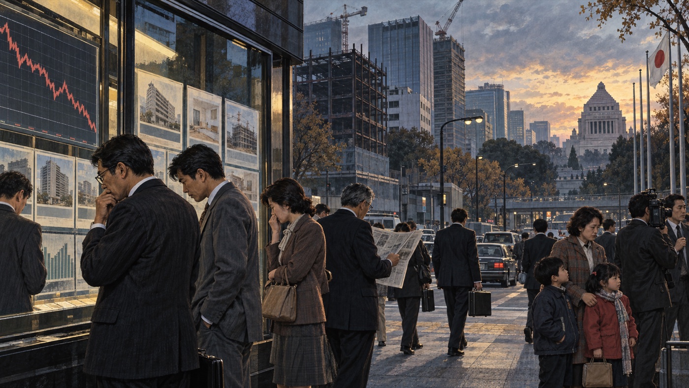 バブル崩壊で景気への自信が揺らぎ、政治再編が進む平成初期のイメージ