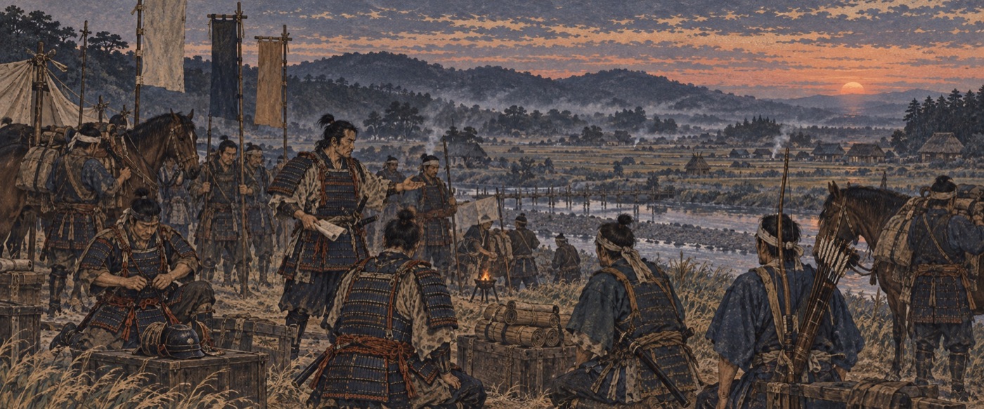 東国の川辺で、頼朝のもとへ集まり準備する武士たちのイラスト