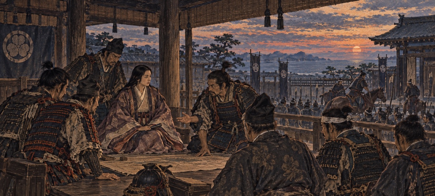 鎌倉の館で御家人の結束を話し合い、使者が出発する場面のイラスト