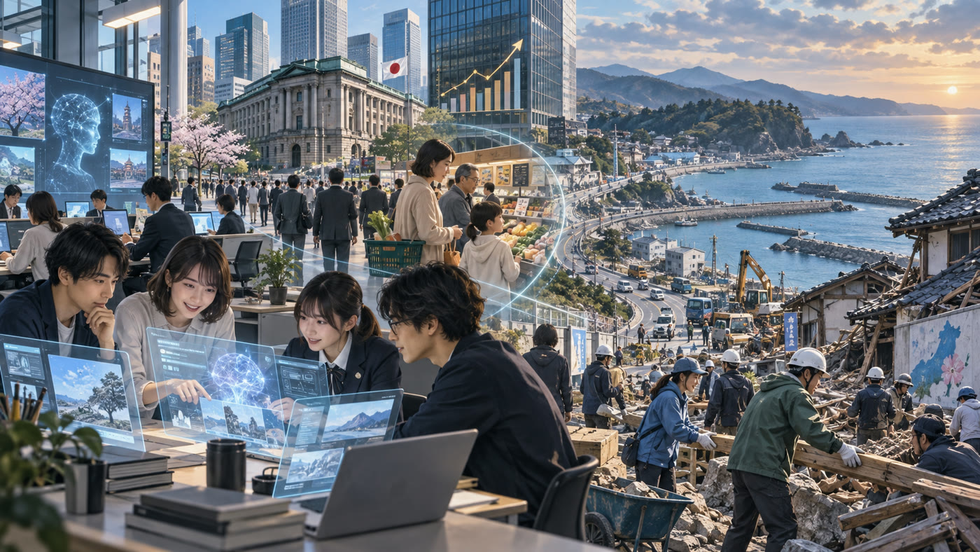 生成AIと金融政策の転換、能登半島地震からの復旧が同時に進む2023年から2024年のイメージ