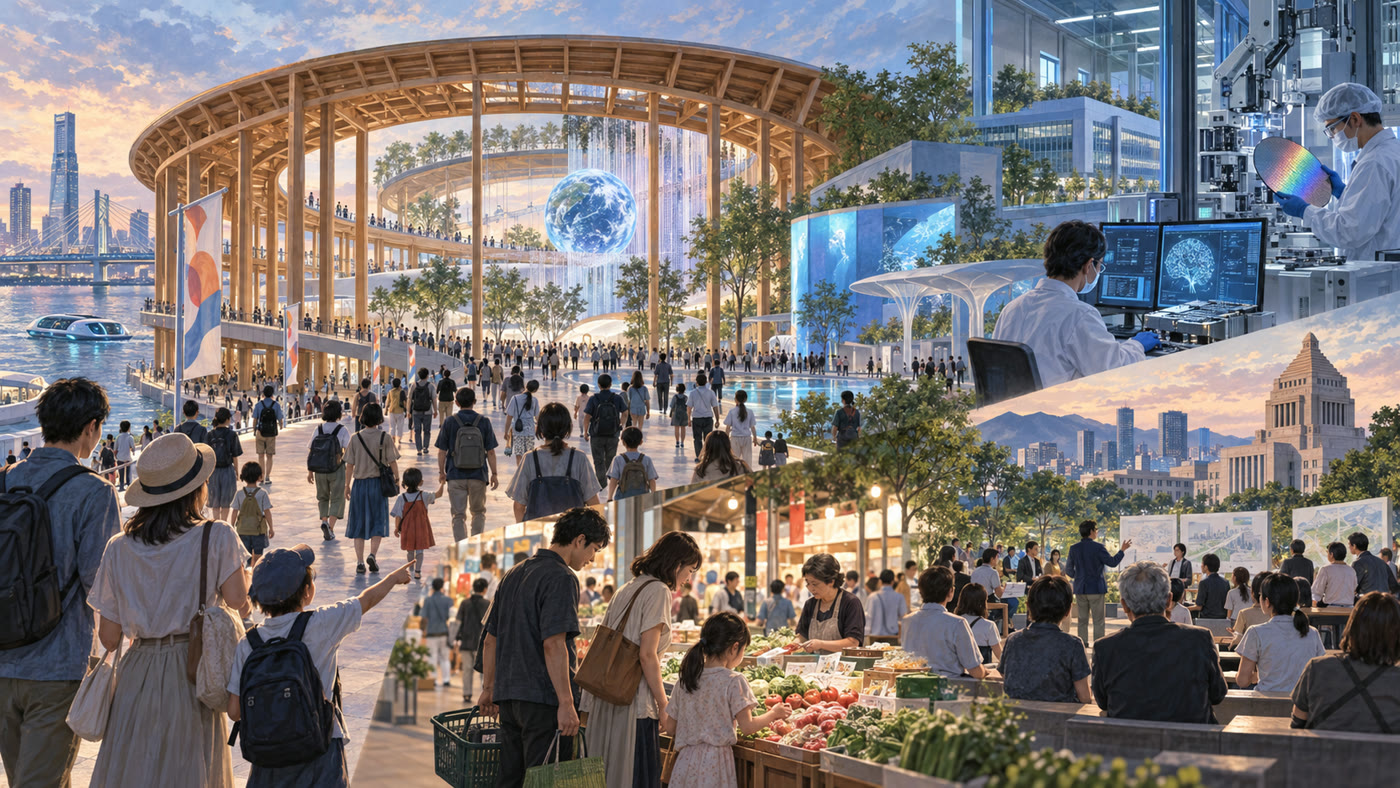 大阪・関西万博、AI・半導体投資、物価と政治の変化が交差する2025年から2026年のイメージ