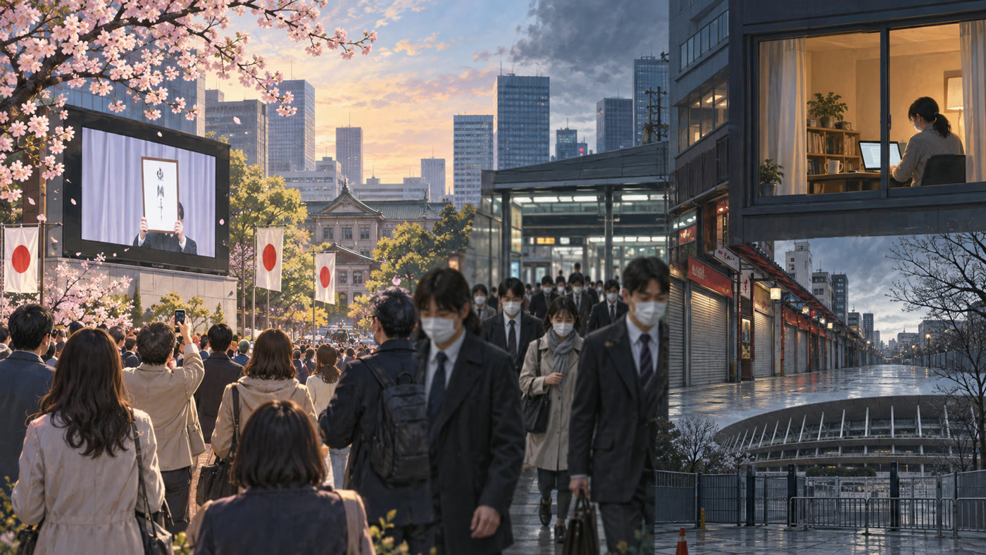 改元の祝賀から感染症危機とリモート生活へ移る2019年から2020年のイメージ