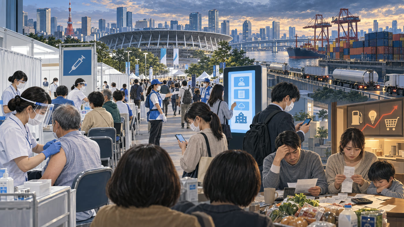 ワクチン接種、国際スポーツ大会、デジタル行政、物価上昇が重なる2021年から2022年のイメージ