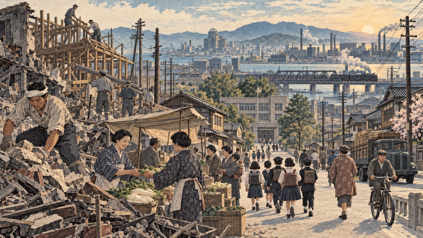 焼け跡から住宅・学校・産業を建て直し、日常を取り戻していく戦後復興期のイメージ