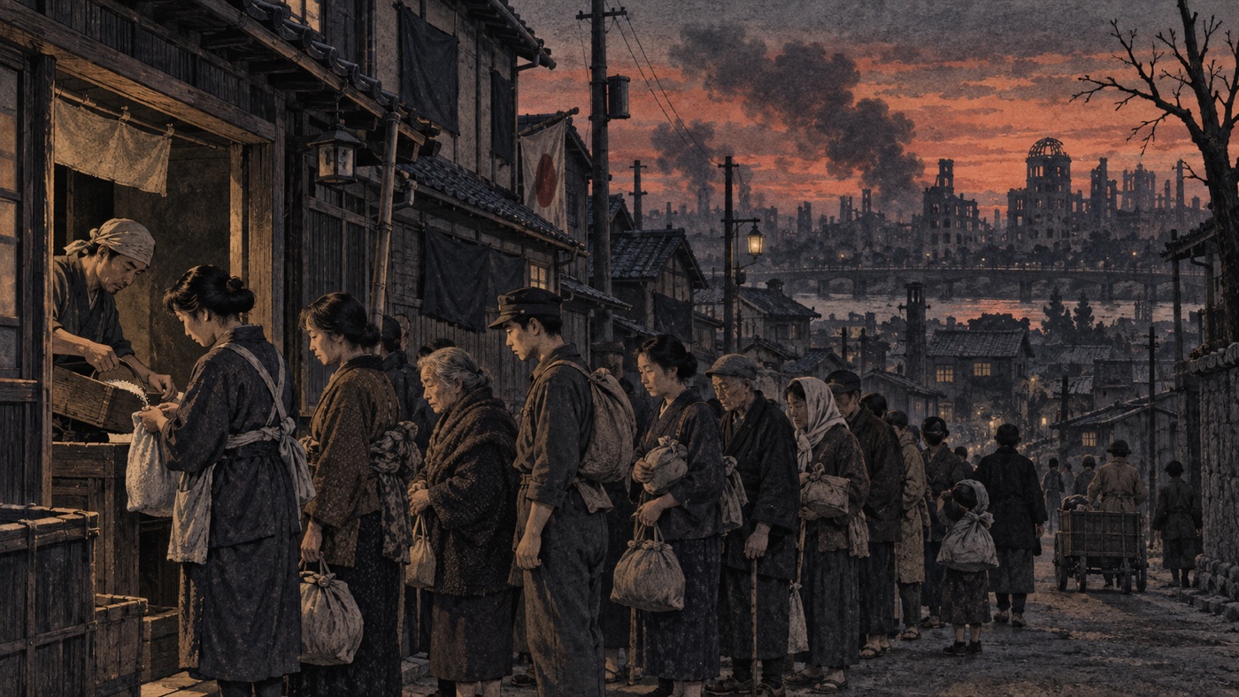 配給と空襲の不安のなかで暮らす人々。総力戦が社会全体を覆った時期のイメージ